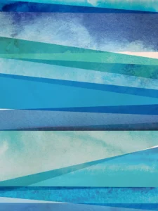 Textural elements and linear strokes in varying blue tones build visual complexity.