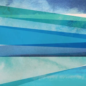 Textural elements and linear strokes in varying blue tones build visual complexity.