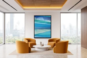Textural elements and linear strokes in varying blue tones build visual complexity.