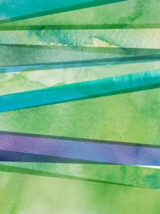 A composition of linear strokes of greens unfolds through richly textured layers.