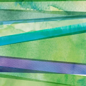 A composition of linear strokes of greens unfolds through richly textured layers.