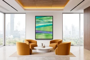 A composition of linear strokes of greens unfolds through richly textured layers.