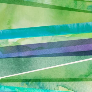 A composition of linear strokes of greens unfolds through richly textured layers.