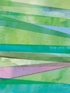 A composition of linear strokes of greens unfolds through richly textured layers.