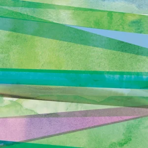 A composition of linear strokes of greens unfolds through richly textured layers.