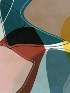 Bold, flowing forms in earthy tones and deep blues with dynamic linework.