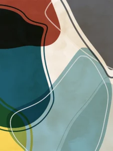 Bold, flowing forms in earthy tones and deep blues with dynamic linework.