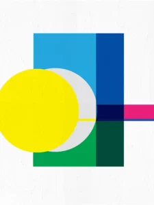 Vibrant abstract with bold color blocks in yellow, blue, green, and pink.