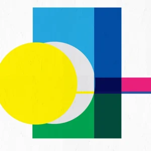 Vibrant abstract with bold color blocks in yellow, blue, green, and pink.