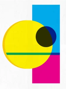 Vibrant abstract with bold color blocks in yellow, blue, green, and pink.