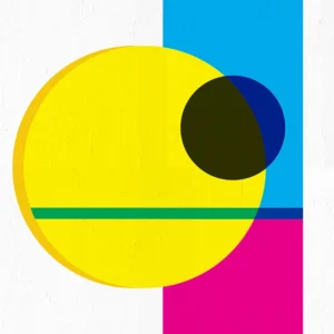 Vibrant abstract with bold color blocks in yellow, blue, green, and pink.