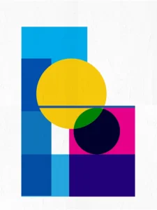 Vibrant abstract with bold color blocks in yellow, blue, green, and pink.