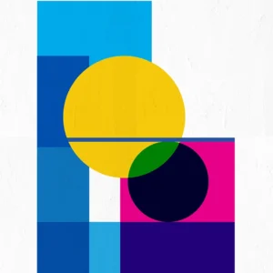 Vibrant abstract with bold color blocks in yellow, blue, green, and pink.