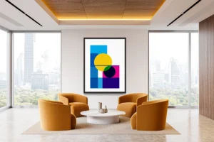 Vibrant abstract with bold color blocks in yellow, blue, green, and pink.