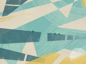 Layered abstract with angular shapes in teal, cream, and mustard tones, accented by subtle textures.