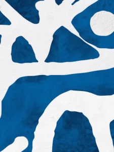 Bold white forms intersect across a textured blue background, creating movement and contrast.