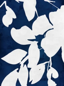 White leaf silhouettes contrast boldly against a deep, textured navy background.