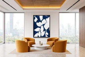 White leaf silhouettes contrast boldly against a deep, textured navy background.