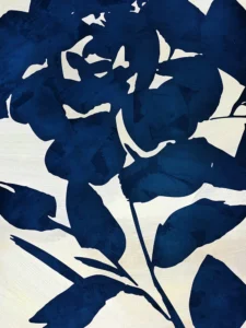 Navy blue floral silhouettes contrast boldly against a deep, textured white background.