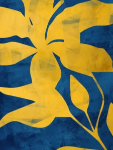 Striking yellow floral forms unfold over a textured deep blue background.