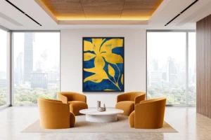 Striking yellow floral forms unfold over a textured deep blue background.