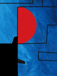 A striking contrast of bold red and deep blue with black accents with a textured finish.