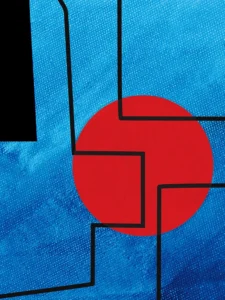 A striking contrast of bold red and deep blue with black accents with a textured finish.