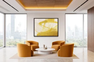 Bold gold brushstrokes sweep across a neutral backdrop, creating a textured, modern composition.