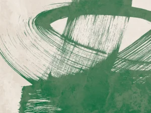 Bold green brushstrokes sweep across a neutral backdrop, creating a textured, modern composition.
