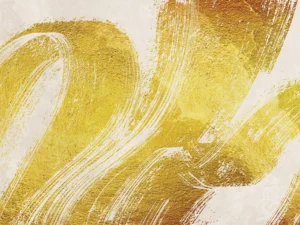 Bold gold brushstrokes sweep across a neutral backdrop, creating a textured, modern composition.