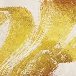 Bold gold brushstrokes sweep across a neutral backdrop, creating a textured, modern composition.