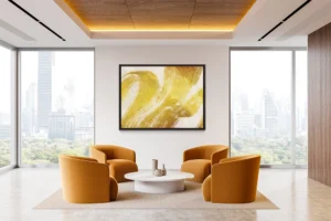 Bold gold brushstrokes sweep across a neutral backdrop, creating a textured, modern composition.