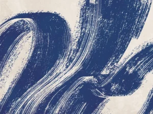 Bold blue brushstrokes sweep across a deep neutral backdrop, creating a textured, modern composition.