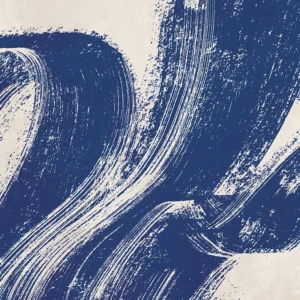 Bold blue brushstrokes sweep across a deep neutral backdrop, creating a textured, modern composition.