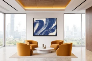 Bold blue brushstrokes sweep across a deep neutral backdrop, creating a textured, modern composition.