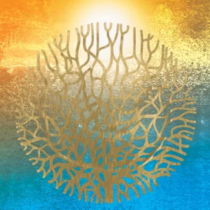Golden branching sphere over a vibrant sky and earthy terrain.