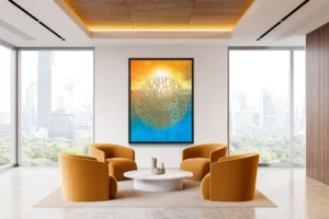 Golden branching sphere over a vibrant sky and earthy terrain.
