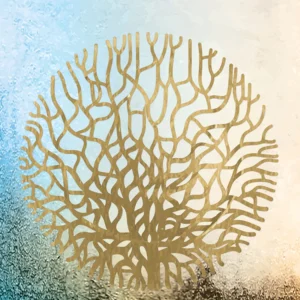 Golden branching sphere over a vibrant sky and earthy terrain.