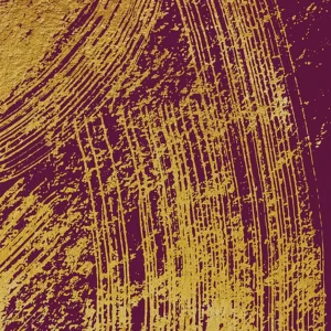 Bold gold brushstrokes sweep across a deep burgundy backdrop, creating a textured, modern composition.