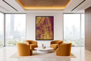 Bold gold brushstrokes sweep across a deep burgundy backdrop, creating a textured, modern composition.