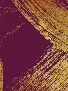 Bold gold brushstrokes sweep across a deep burgundy backdrop, creating a textured, modern composition. *Triptych-Center*