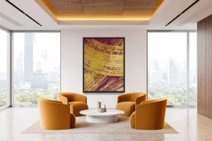 Bold gold brushstrokes sweep across a deep burgundy backdrop, creating a textured, modern composition.