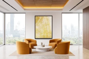 Bold gold brushstrokes sweep across a neutral backdrop, creating a textured, modern composition.