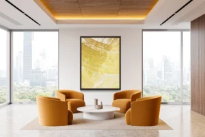 Bold gold brushstrokes sweep across a neutral backdrop, creating a textured, modern composition.