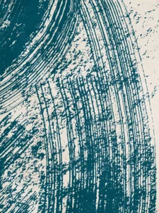 Bold blue brushstrokes sweep across a deep neutral backdrop, creating a textured, modern composition.