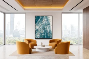 Bold blue brushstrokes sweep across a deep neutral backdrop, creating a textured, modern composition.