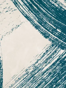 Bold blue brushstrokes sweep across a deep neutral backdrop, creating a textured, modern composition.