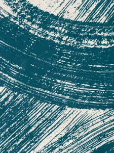 Bold blue brushstrokes sweep across a deep neutral backdrop, creating a textured, modern composition.