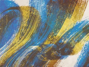 Bold blue and gold brushstrokes swirl in dynamic, textured arcs.