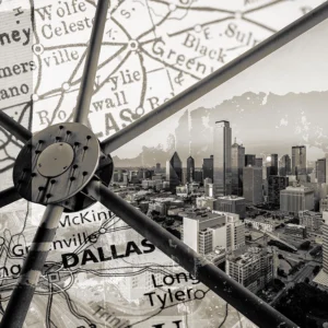 Sepia-toned collage blending a vintage Texas map, steel structure, and Dallas skyline.
